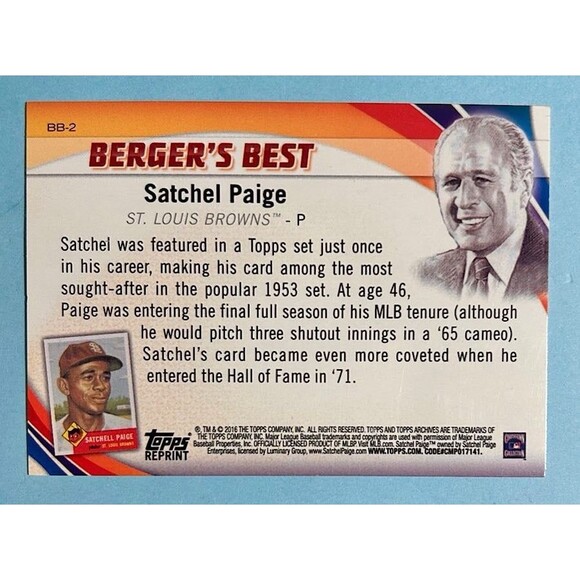 Satchell Paige St Louis Browns 2016 Topps Berger’s Best #BB-2 - Picture 2 of 2